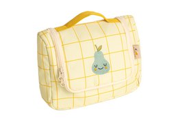 Yellow and blue patterned kids' toiletry bag with cartoon bunny design, suitable for storing toiletries and personal items.