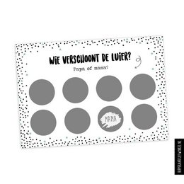 A silver scratch card with the text "Wie verschoont de luier?" (Who changes the diaper?) and several scratch-off circles.