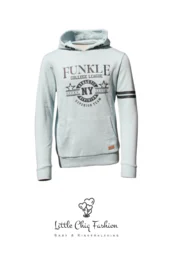 Gray hooded sweatshirt with "Funkle" printed in a vintage-inspired design. Made of soft, comfortable material suitable for kids. Available in a range of sizes to fit growing children.