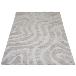  Beige area rug with abstract swirling pattern, suitable for living room or bedroom.