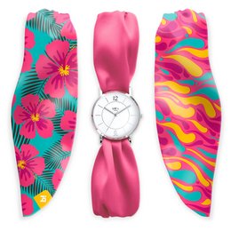 A stylish, pink and teal watch with a floral and abstract pattern design. The watch features a round, white dial with simple hour markers and a sleek, silver-tone case.