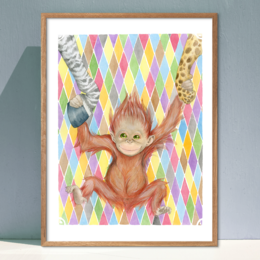 "Colorful, whimsical illustration of a smiling, playful orangutan against a vibrant diamond pattern background. The image captures the animal's expressive features and lively personality."