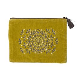 A yellow cotton cosmetic bag with an embroidered floral design. The bag has a zipper closure and a tassel accent.