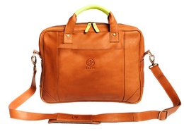 Cognac yellow leather briefcase with adjustable shoulder strap, suitable for laptops.