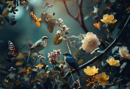  Birds perched on branches with yellow flowers, nature botanical painting, teal and gold tones, wildlife art.