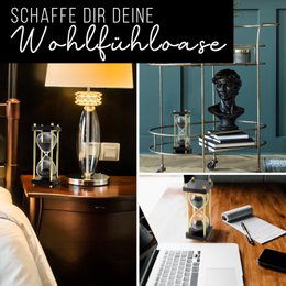 Edle Sanduhr Chronometrie I Dekorative Sanduhr aus Glas mit feinem schwarz-schimmernden Sand veredelt mit goldenen Seitstützen