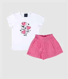  Girls lace set with heart design, short sleeves, pink and white cotton shirt with matching shorts.