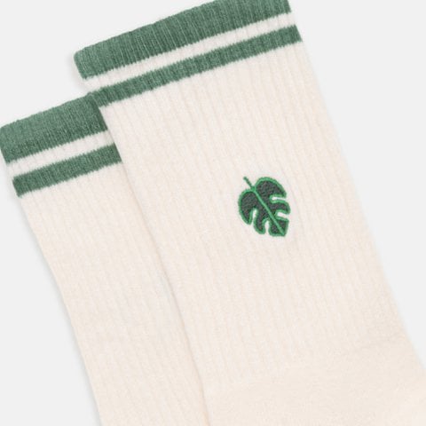 Organic Socks Monstera - Natural white tennis socks with Monstera embroidery