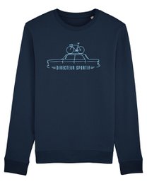 Navy blue cycling sweater with bike graphic and "Directeur Sportif" text, long sleeves, crew neck.