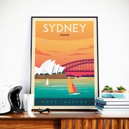 Vintage Sydney poster featuring the iconic Sydney Opera House and Harbour Bridge against an orange sunset sky. The poster has a retro, travel-inspired design and is available in multiple sizes.
