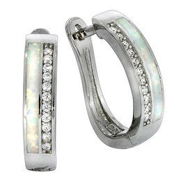 Elegant silver-tone hoop earrings with a row of sparkling cubic zirconia stones and a sleek, modern design.