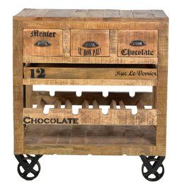 Rustic wooden wine dresser with shelves and crates for storage. Made of reclaimed wood with vintage-style labels and metal casters for mobility.