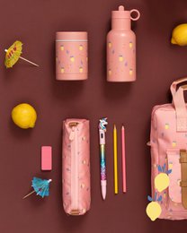  Thermosfless 350 ml Summer fruit bottle in pink color with fruit pattern design, made of durable material suitable for hot and cold beverages.