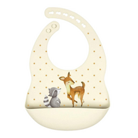 Silicone bib with drip tray deer and raccoon - beige