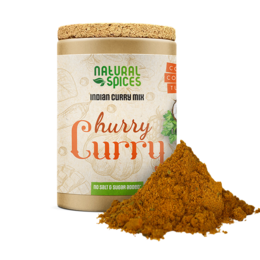 Hurry Curry spice mix, a blend of aromatic spices for flavorful curries. Contains turmeric, cumin, coriander, and other spices.