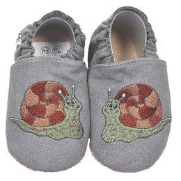  Gray baby shoes with snail design, available in sizes 18/19 (6-12 months) to 26/27 (2.5-3 years) with gripwalk soles.