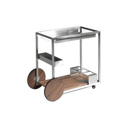 Polished steel and walnut wood minibar trolley with shelves and wheels, suitable for use as a TV stand.
