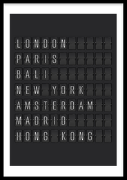 A minimalist black and white image displaying the names of major cities around the world, including London, Paris, Berlin, New York, Amsterdam, Madrid, and Hong Kong. The text is presented in a simple, clean font against a dark background, creating a modern and stylish design.