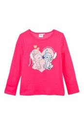 Bright pink long-sleeved children's t-shirt featuring a graphic of Lilo and Stitch characters from the Disney animated film.