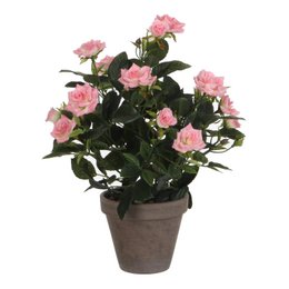  Artificial plant with pink polyester flowers in a pot. The plant has a lush, full appearance with multiple blooms. The pot is a neutral color that complements the vibrant pink flowers.