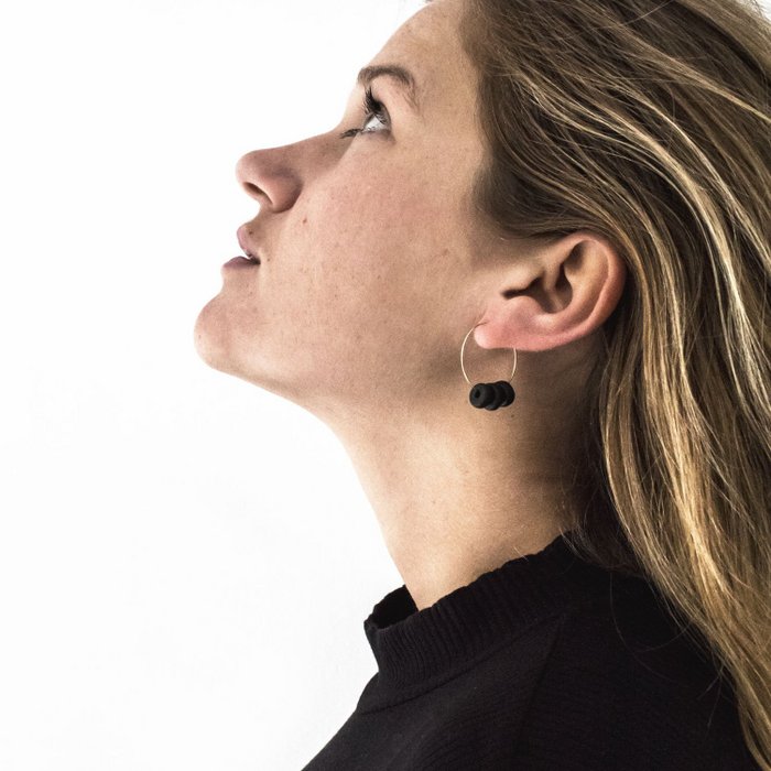 Gold Hoop Earrings - Black Disk Beads