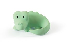 Soft, plush green crocodile bath toy with a friendly, smiling expression. Designed for infants and toddlers to play with during bath time.