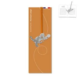 "Metal cat-shaped bookmark with orange ribbon for hanging. Decorative and functional for holding pages in books."