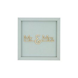 A wooden wedding frame card with the text "Mr. & Mrs." in gold lettering, available in various color variants including altrosa, taubengrau, taupe, eosin, aubergine, petrol, dunkelgrau, schwarz, and rehbraun.