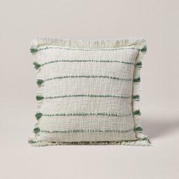 Ivory and sage colored cushion cover with a textured, striped pattern. Rectangular shape, suitable for a couch or bed. Made of high-quality materials for a comfortable and stylish home decor accent.