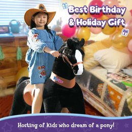 A plush ride-on toy horse in black color, suitable as a birthday or holiday gift for children who dream of having a pony. The toy features a brake and sound effects, making it an engaging and interactive playtime experience.