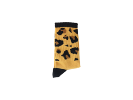 Leopard print kids socks in two sizes, featuring a vibrant yellow background with black leopard spots.