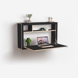  A black wall-mounted desk organizer with shelves and a fold-down desk surface. The organizer has a modern, minimalist design and is suitable for use as a compact home office or workspace.