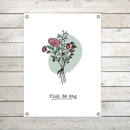 Colorful floral bouquet with the text "Pluk de dag" (Seize the day) on a light background.