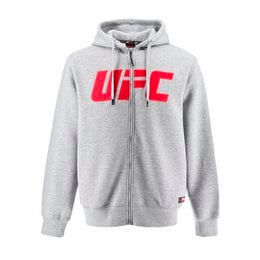 Gray zipped hoodie with UFC logo, suitable for sports and casual wear, available in sizes S to XXL.