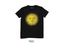 Black t-shirt with a vintage-style sun illustration, available in sizes S-2XL.