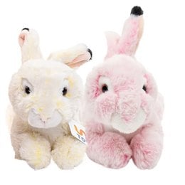 Soft, plush rabbit couple in pink and yellow colors. Cute, cuddly stuffed animals perfect for children or as home decor.