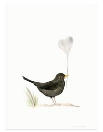 A postcard featuring a blackbird with a heart-shaped cloud above it, representing a friendship-themed design.