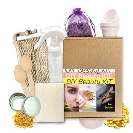 A DIY beauty set with 20 parts for soap, face care, and lip gloss. Includes essential oils, spice sachets, and other natural ingredients for homemade beauty products.