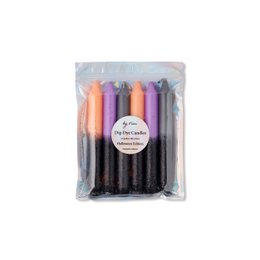 Set of 6 dip-dyed glitter Halloween candles in assorted colors including orange, purple, and black. Ideal for festive dinner table decor or mood lighting.
