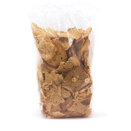 Crunchy bread chips, 200g, nut mix. Tan-colored, irregularly shaped crunchy bread chips in a clear plastic bag.
