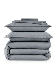 Sateen washed sheet set in 6 color options, including dark grey, pearl, white, pale blush, mint, and light grey. Available in twin, queen, and king sizes.