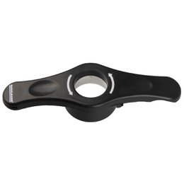 A black and red bottle opener with a circular opening and a lever-like handle. The bottle opener appears to be made of metal and plastic materials.