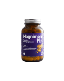 "Magnimore Plus 120 magnesium supplement, dark amber glass bottle, purple label, 120 tablets"