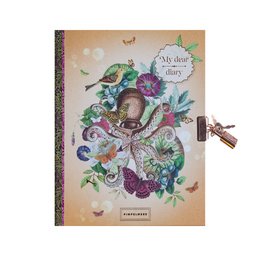  A colorful, illustrated journal with a lock and key, featuring a blue tit bird, flowers, and the text "My dear diary" on the cover.
