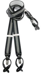 Black and white striped suspenders with metal clips, suitable for dock workers or casual wear.