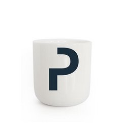 A white ceramic mug with the letter "P" printed in a bold, dark font. This minimalist mug is suitable for everyday use and can be part of a collection of letter-themed mugs.