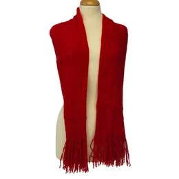 A long, rectangular red scarf made of soft, textured fabric with a fringe trim along the edges. The scarf measures approximately 150cm x 24cm and is a versatile accessory that can be worn in various ways to add a pop of color to an outfit.