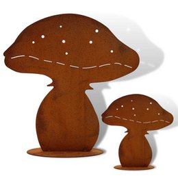"Rusty metal mushroom statues, 15 cm and 30 cm high, for home and garden decor. Features a natural, autumn-inspired design with a patina finish."

The image shows two rusty metal mushroom statues in different sizes - one 15 cm high and one 30 cm high. The mushrooms have a natural, autumn-inspired design with a patina finish that gives them a weathered, rustic appearance. These metal mushroom statues would make a great addition to home or garden decor, evoking the feel of the fall season.
