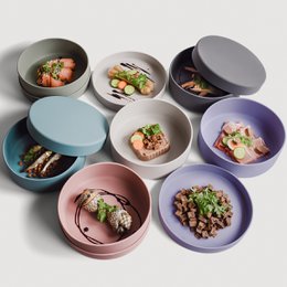  Colorful ceramic pet food bowls in various shades of grey, sage green, rose, and cool lilac. The bowls come in single or double-decker styles with lids. Suitable for dogs and cats.