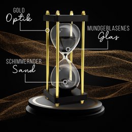 Edle Sanduhr Chronometrie I Dekorative Sanduhr aus Glas mit feinem schwarz-schimmernden Sand veredelt mit goldenen Seitstützen